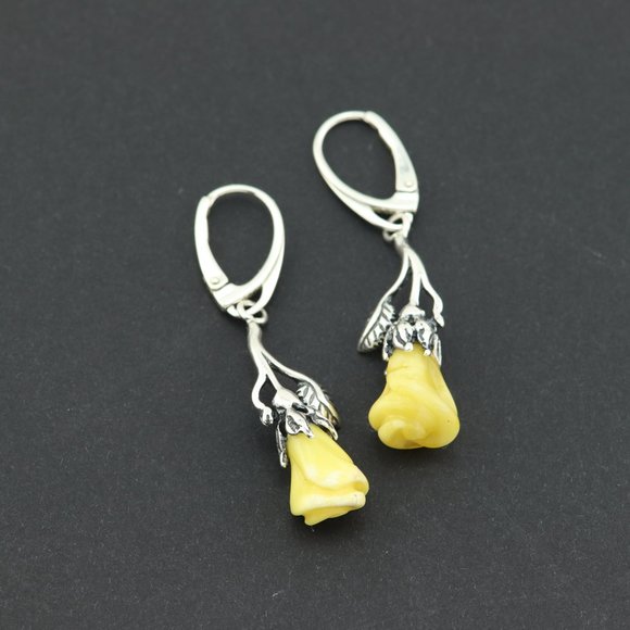 Sterling silver earrings with natural Baltic amber, amber rose drop earrings - Picture 9 of 14